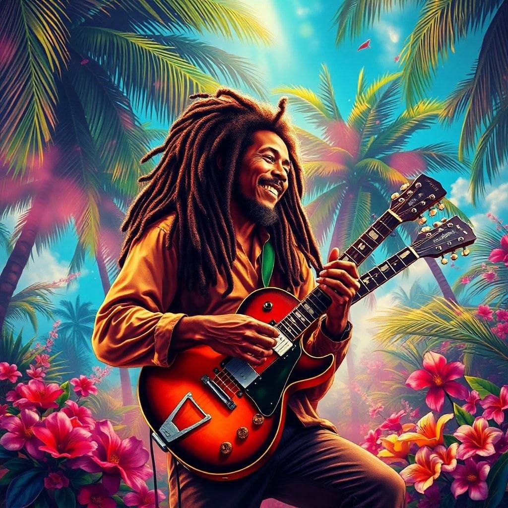 Bob Marley, the iconic reggae musician, strums his guitar with a relaxed smile on his face. The vibrant colors and tropical flowers evoke the laid-back atmosphere of island life.