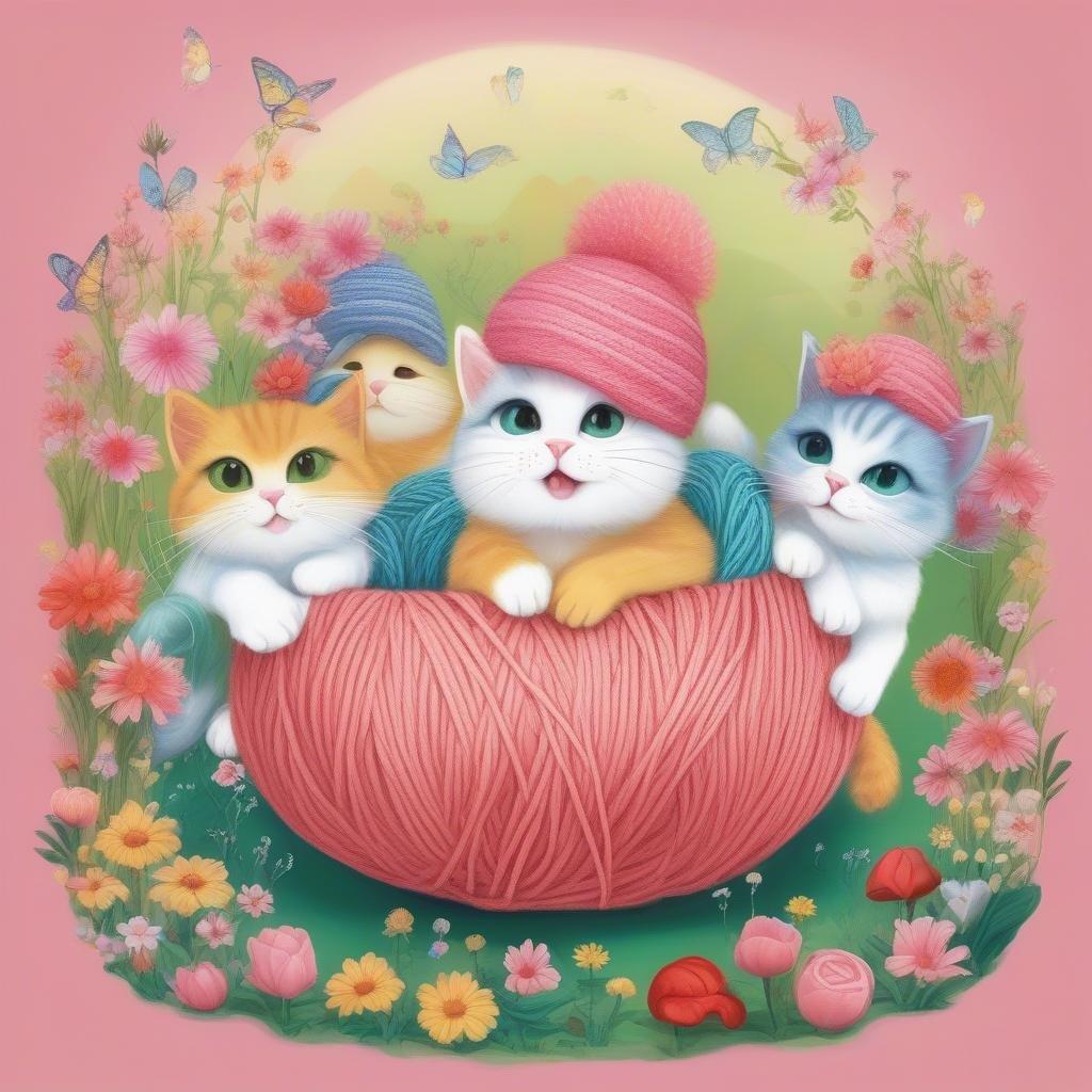 Nesta encantadora ilustração, quatro gatinhas estão imersas em brincadeiras em meio a um jardim florescendo com flores coloridas. Cada felina está encantadoramente vestida com chapéus que combinam com suas personalidades individuais. Elas estão todas sentadas dentro de uma enorme bola de fio, simbolizando a alegria e o calor que trazem para a vida umas das outras.