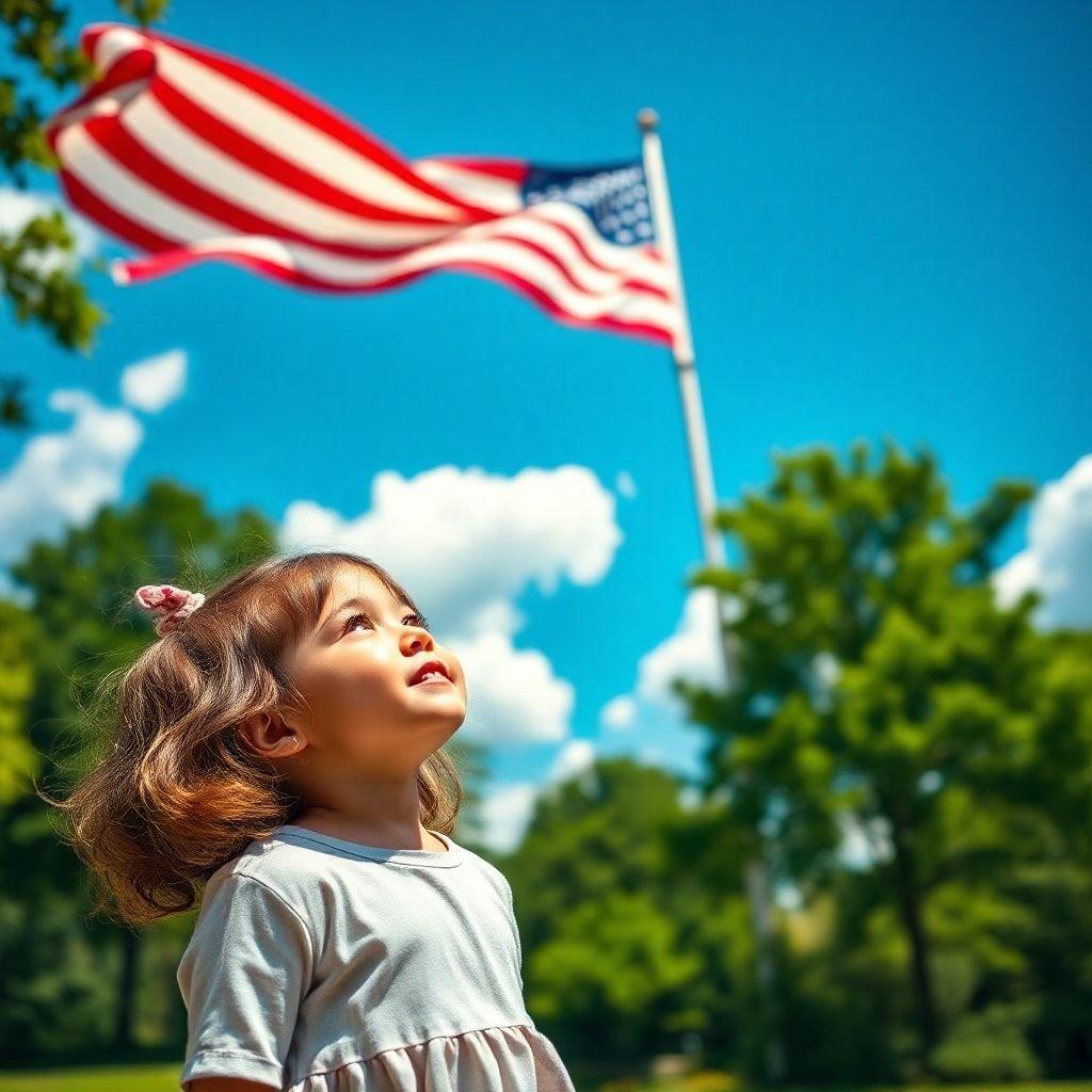 A heartwarming scene on Independence Day as a young child looks up at the American flag with admiration and joy.