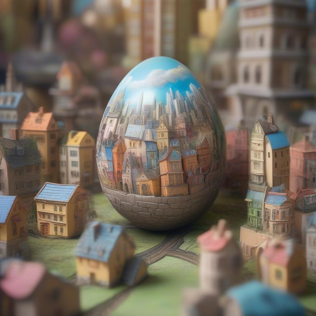 A creatively painted miniature world egg, adorned with tiny houses and whimsical cityscape details. This colorful creation brings the charm of a small town to life in a unique and delightful way.