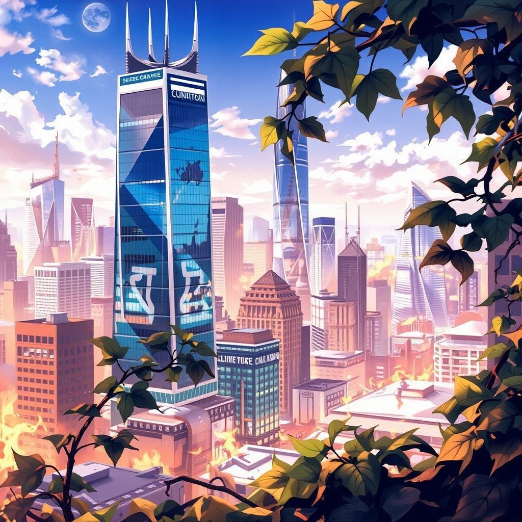 Explore the bustling cityscape of an animated metropolis. The vibrant blue and white skyscrapers reach for the sky, while warm yellow-hued buildings provide a cozy contrast. A lush green vine in the foreground adds a touch of nature to this urban landscape.