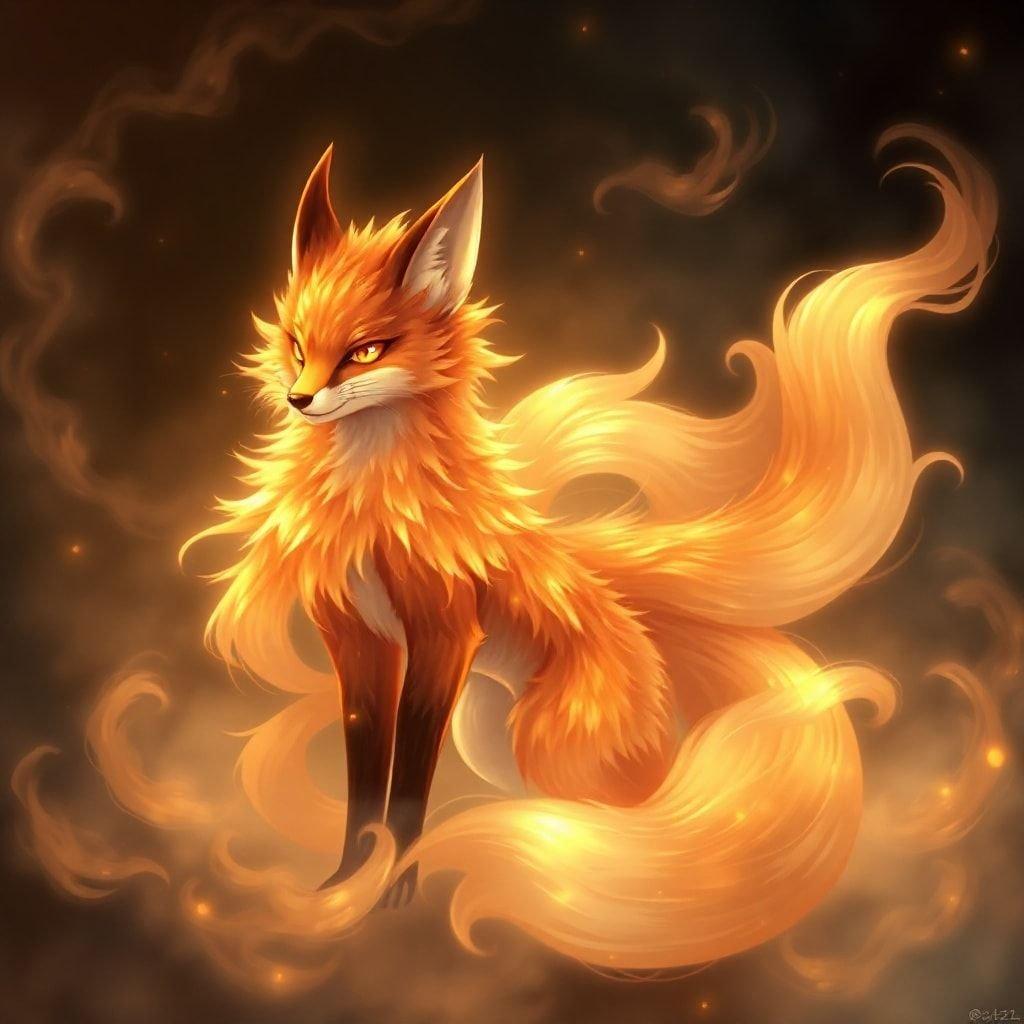 Immerse yourself in the enigmatic world of anime with this captivating wallpaper featuring a fox spirit with nine tails, set against a backdrop of swirling mist and dark, mysterious atmosphere.