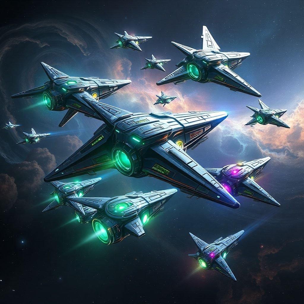 An impressive fleet of futuristic spaceships embarks on an interstellar voyage through the galaxy, their vibrant lights casting a kaleidoscope of colors against the backdrop of distant stars and nebulas.