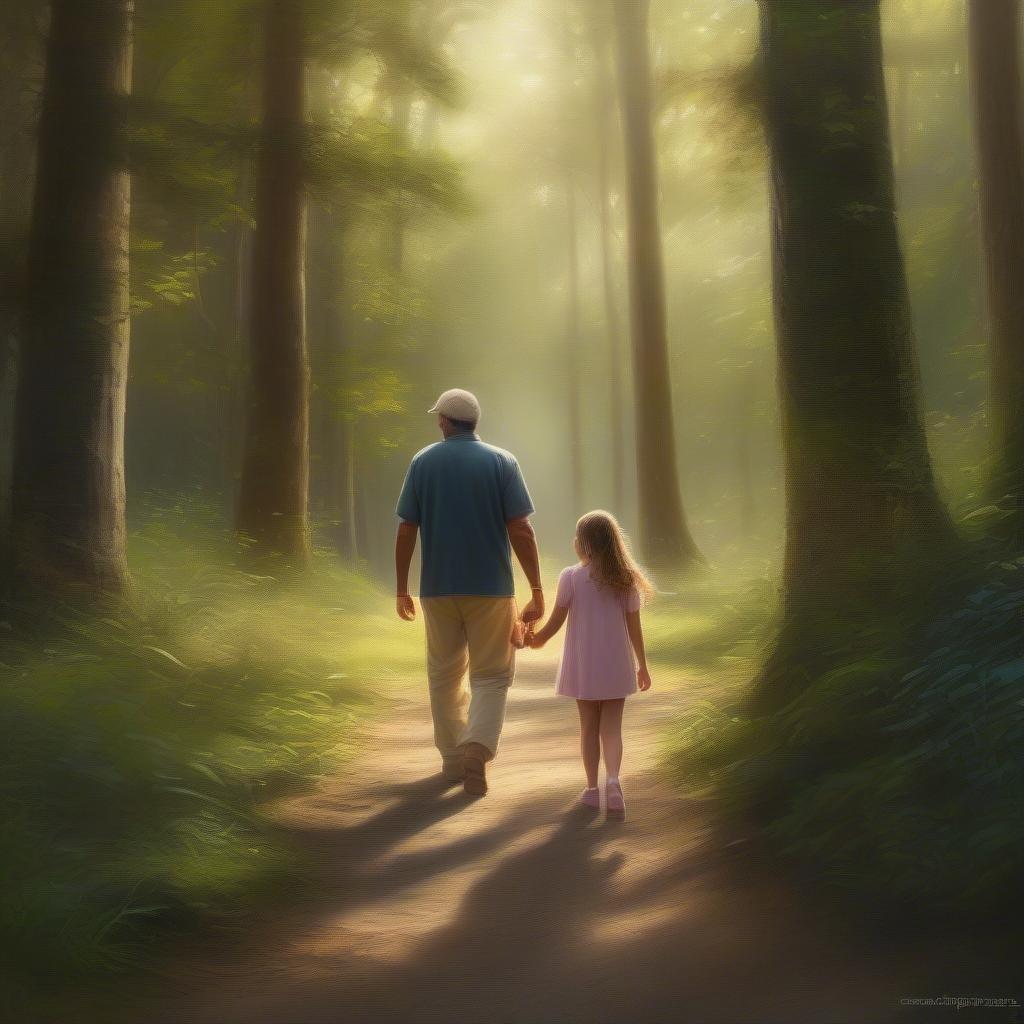 A heartwarming scene of a father and daughter enjoying a hike together through a misty forest on Father's Day.