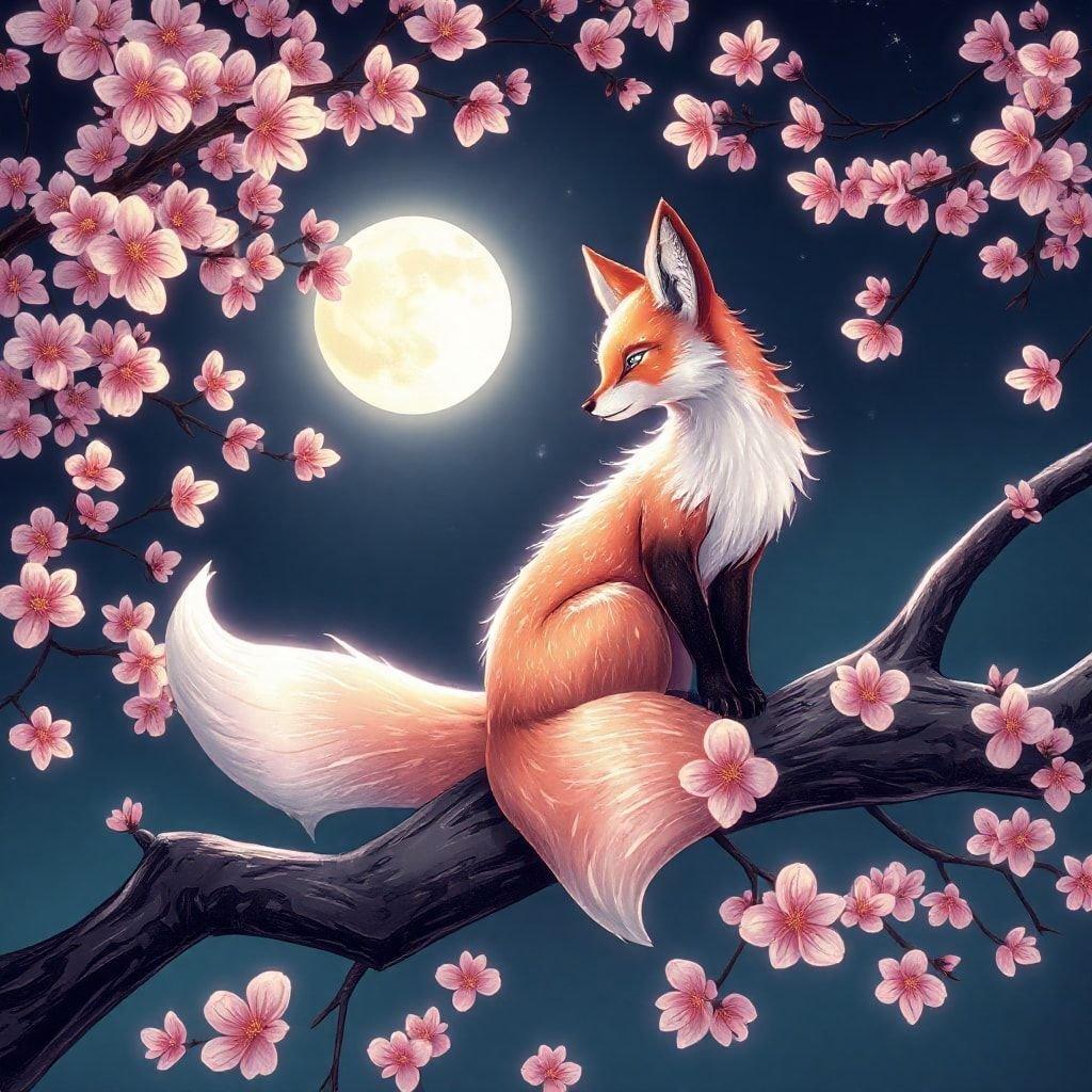 Experience the tranquility of a fox perched on a cherry blossom tree at night, with the full moon casting its glow. This wallpaper is perfect for desktop and mobile devices.