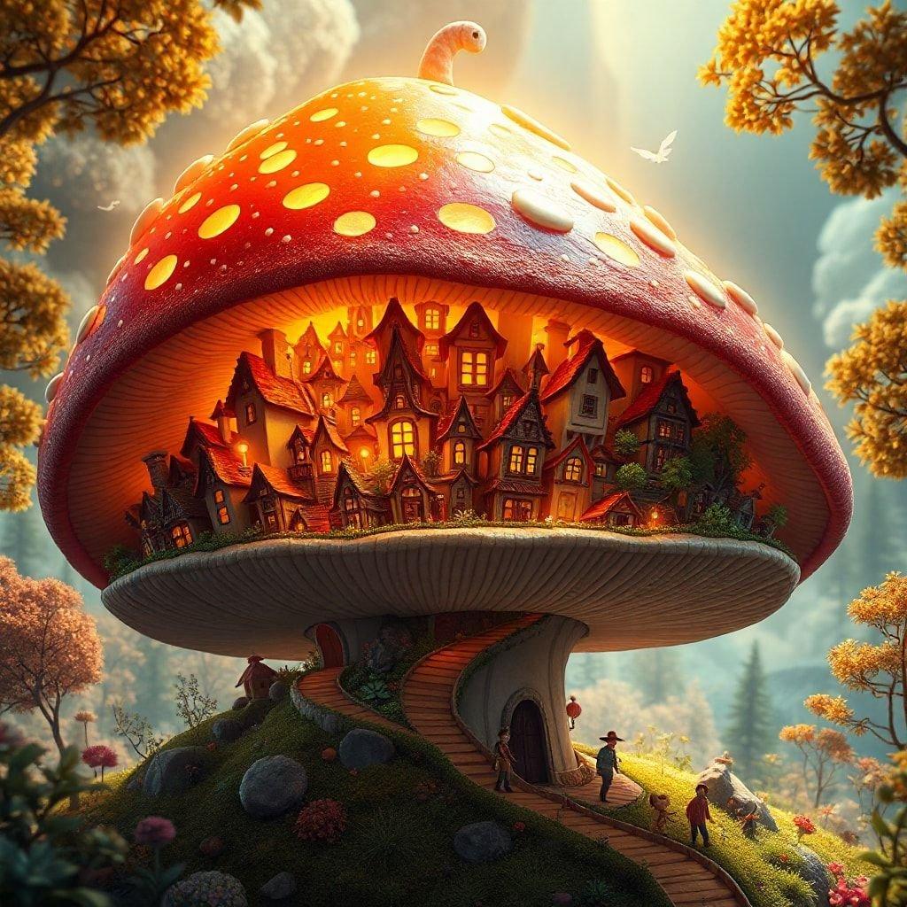 Explore the whimsical forest village hidden inside this mushroom house, where fairy tale creatures come to life.