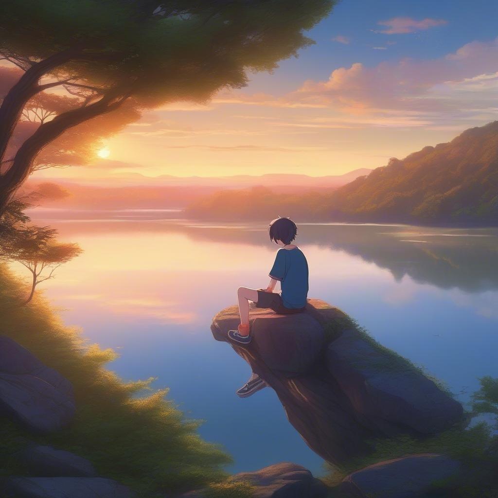 This anime-style wallpaper features a boy sitting on a rock overlooking a serene lake, surrounded by trees and mountains. The image captures a peaceful moment as the sun sets behind the mountains, casting a warm glow over the scene. The boy's contemplative expression adds to the tranquil atmosphere, making this wallpaper perfect for those who appreciate nature and anime-inspired art.