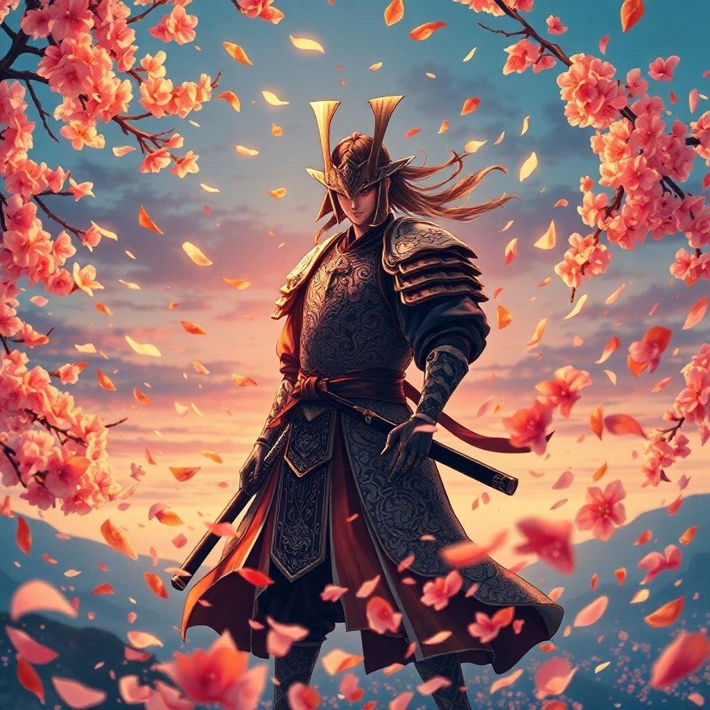 Questa straordinaria immagine di sfondo presenta un'illustrazione anime dettagliata di un guerriero samurai in piedi in un vortice di fiori di ciliegio, creando un'atmosfera eterea.