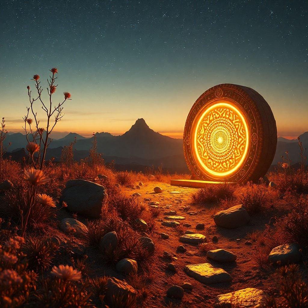 This sci-fi landscape image captures a desert scene at sunset, with an ancient stone structure in the foreground that seems to be acting as a portal. The glowing center of the circle adds an ethereal touch to this otherworldly setting.