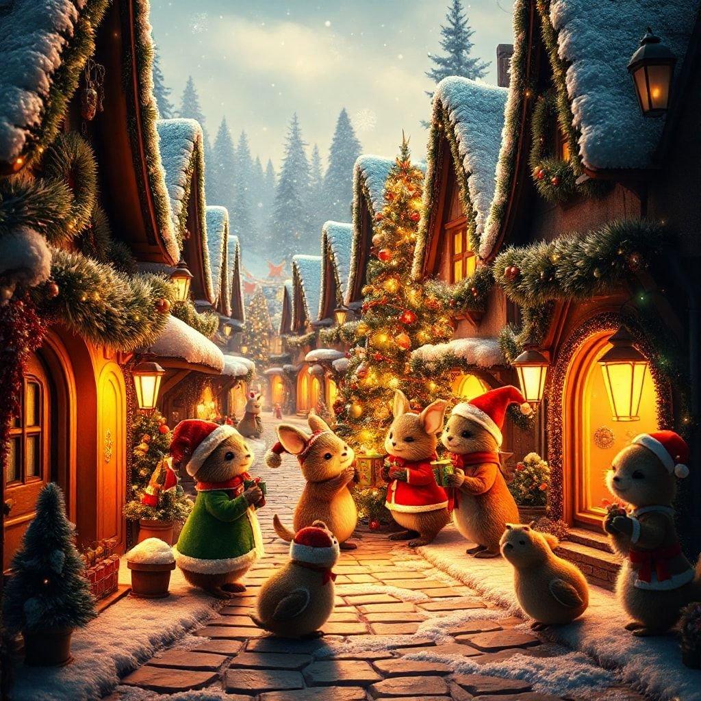 A heartwarming scene of festive village life where cute animals gather to celebrate the holiday season. With snow-covered rooftops and twinkling lights, it's a delightful view for any desktop or mobile wallpaper.