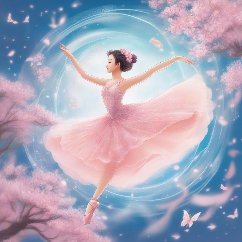 A serene digital illustration of a ballerina dancing in a world surrounded by floating cherry blossoms. The ethereal pink petals swirl around her, creating a magical atmosphere.