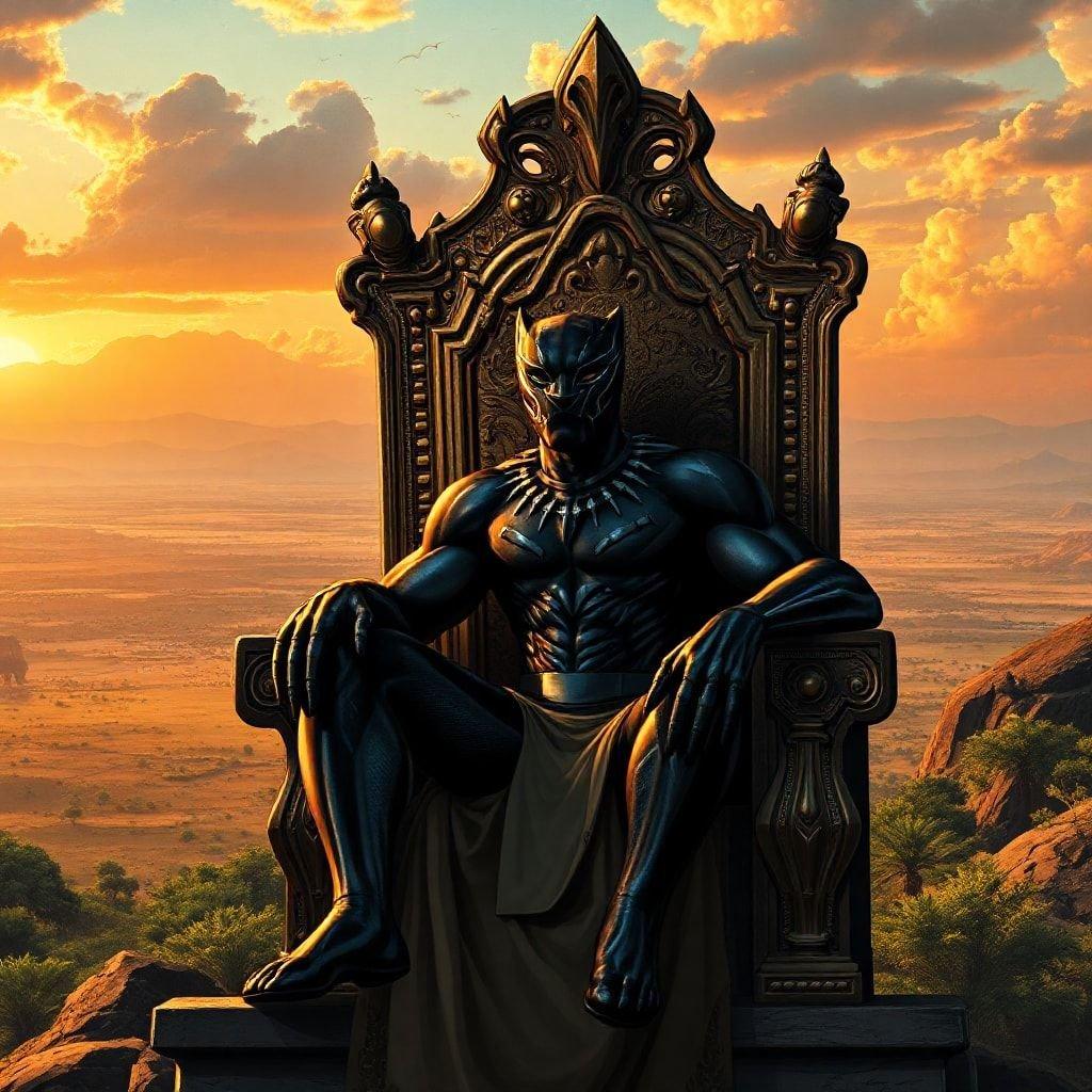 A majestic scene featuring the powerful hero, Black Panther, seated on a throne amidst an enchanting desert landscape at sunrise. This image captures the essence of his role as the ruler and protector of Wakanda.