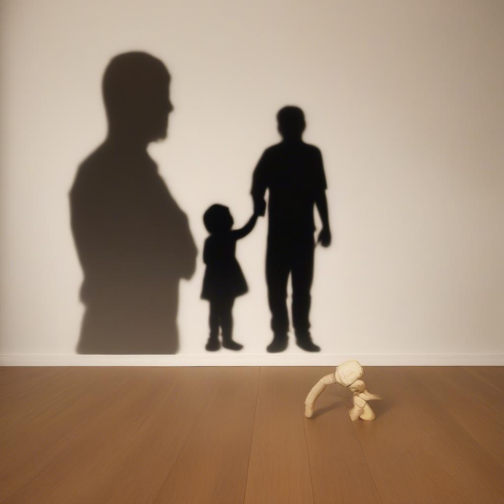 A heartwarming scene from Father's Day, capturing the tender moment of a father and child in silhouette, set against a stark white wall. The artistry of the shadow puppet adds an element of playful nostalgia, bringing back memories of childhood games and stories.