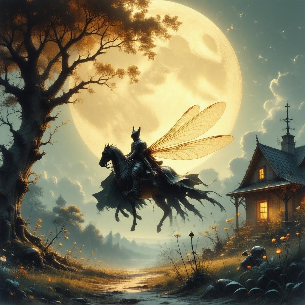 In this enchanting scene, a knight finds solace under the full moon in a garden teeming with life. The warm orange and yellow hues cast an otherworldly glow as the brave rider soars on his faithful dragonfly steed. A majestic tree towers on the left side of the image while a quaint cottage nestles on the right, adding to the idyllic setting. This fantastical wallpaper is brought to life in anime-inspired artistry, evoking a sense of wonder and adventure.