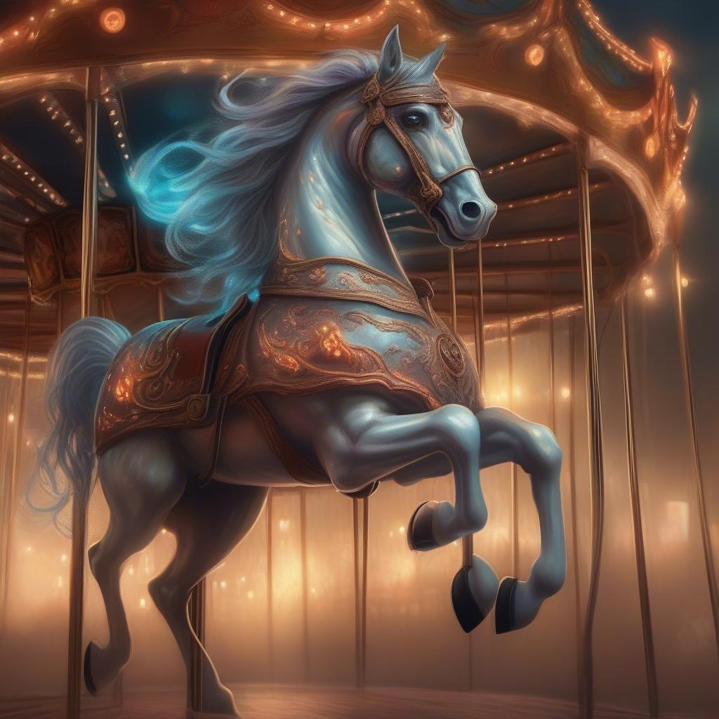 A whimsical horse-drawn carousel ride through a magical fairytale forest. The perfect Halloween desktop wallpaper for fantasy and horse lovers.