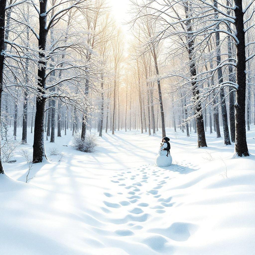 Mergulhe na beleza serena de uma floresta coberta de neve, onde um encantador boneco de neve ocupa o centro do palco entre árvores imponentes e um manto de neve pristina.