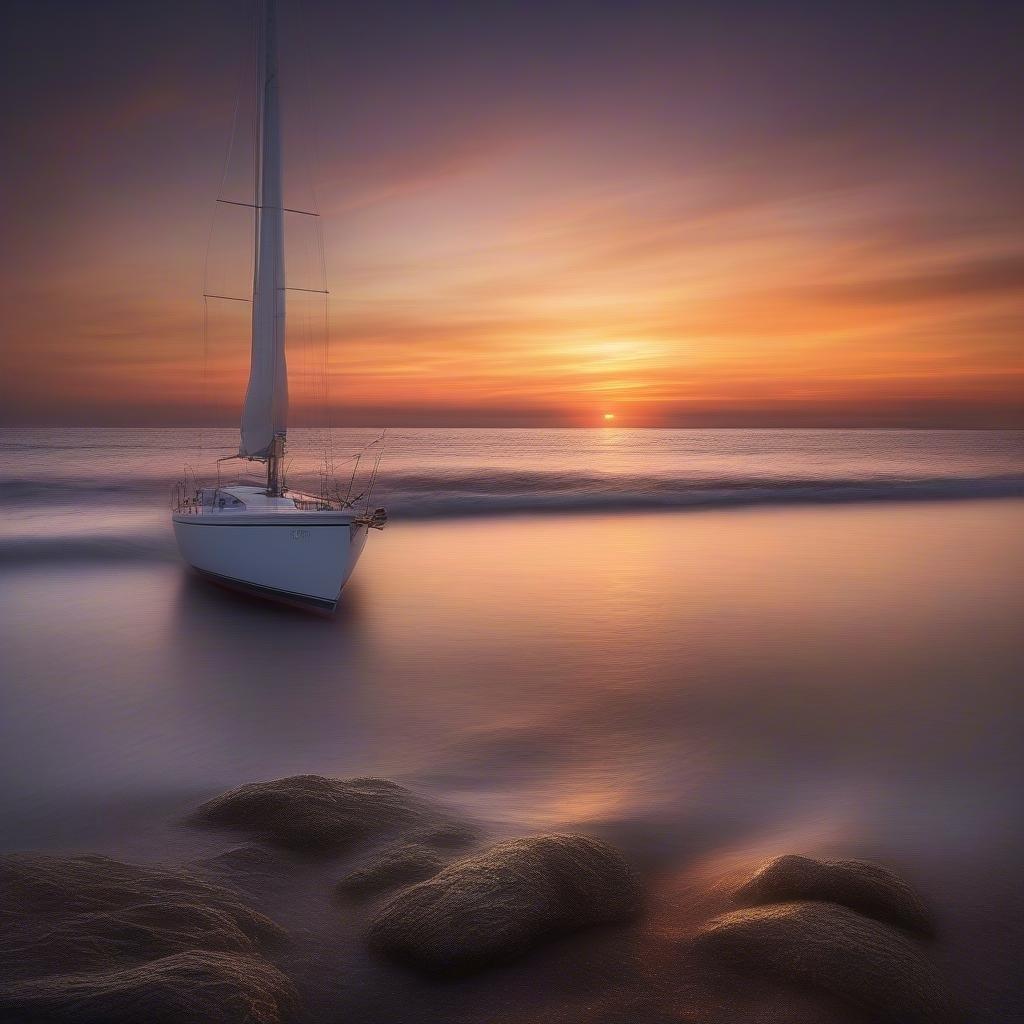 A serene evening by the sea, with a sailboat docked on the shore as the sun sets. Ideal for wallpapers to bring tranquility and romance to your device.