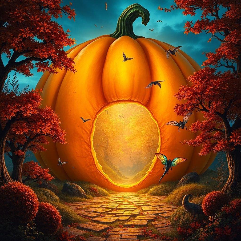 A magical autumn scene with a giant pumpkin as the gateway to a whimsical path.