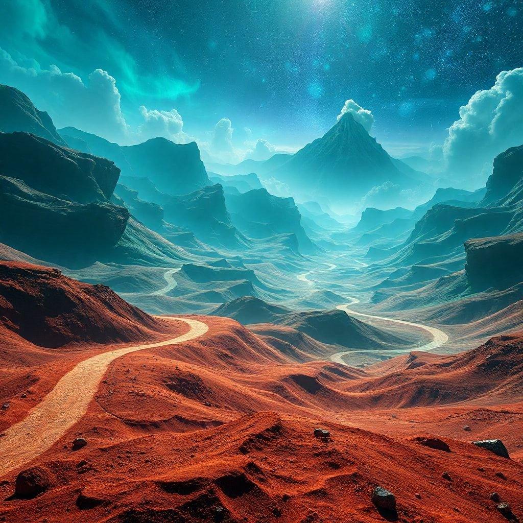 A winding road through a fantastical Martian landscape, complete with towering mountains and a clear sky. This otherworldly scene could be from the depths of a science fiction tale.