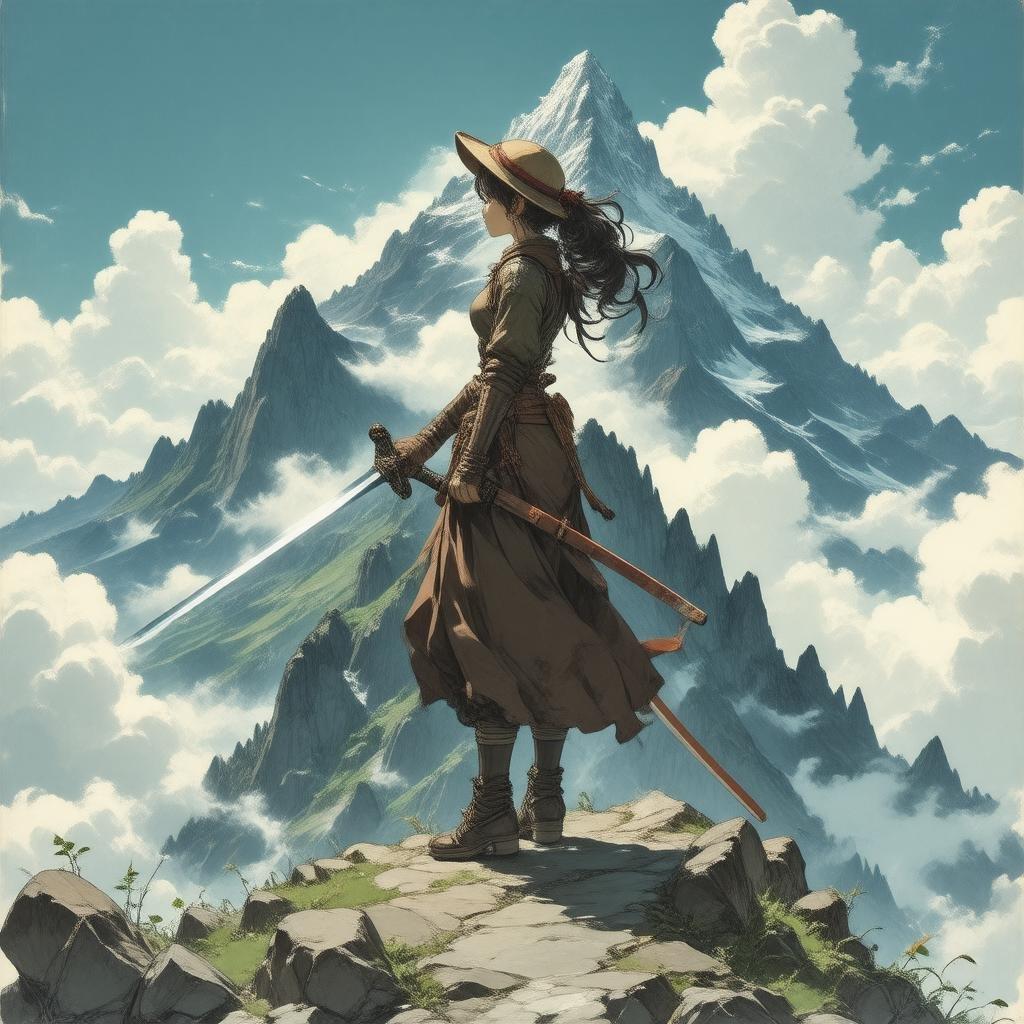 A young warrior stands sentinel atop a mountain, her sword pointing to the left. The mist-shrouded landscape beneath her is breathtaking, a testament to nature's grandeur and the beauty of solitude.