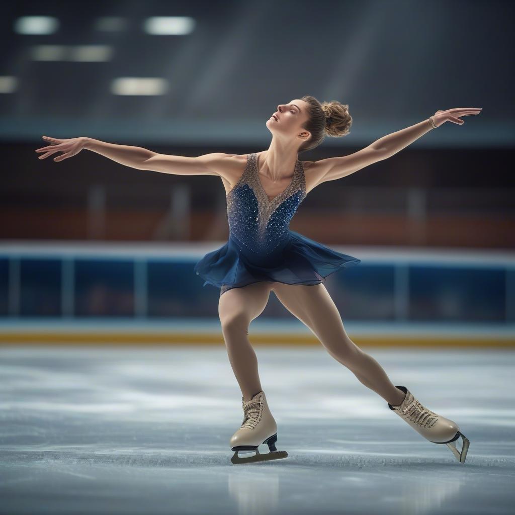 A young ballerina showcasing her graceful form on an ice rink, embodying the elegance and precision of ballet skating.