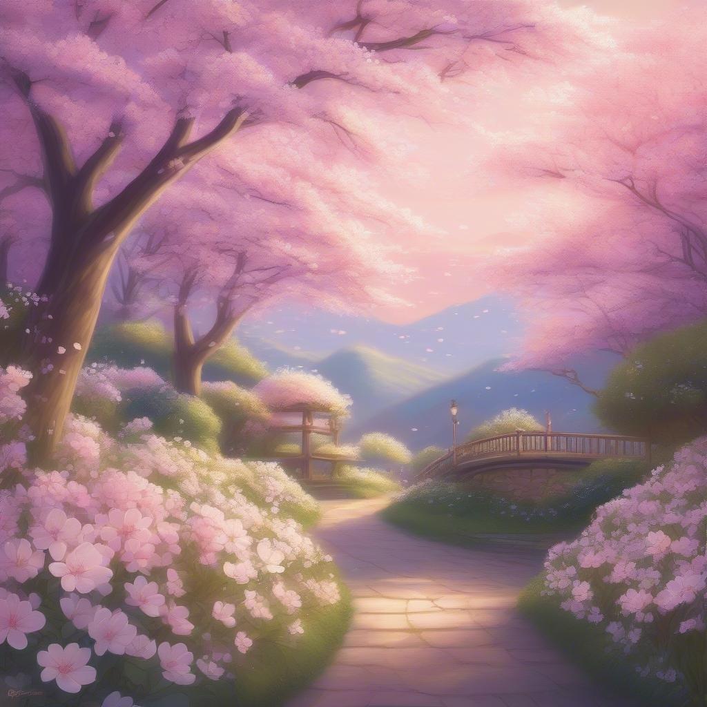 A vibrant anime-style illustration of a cherry blossom garden in full bloom. The path is flanked by lush trees and pink flowers, inviting you into the serene setting.