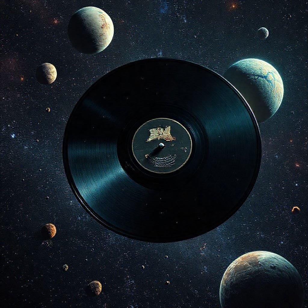 A futuristic and otherworldly scene featuring a vinyl record floating in space, surrounded by planets and stars.