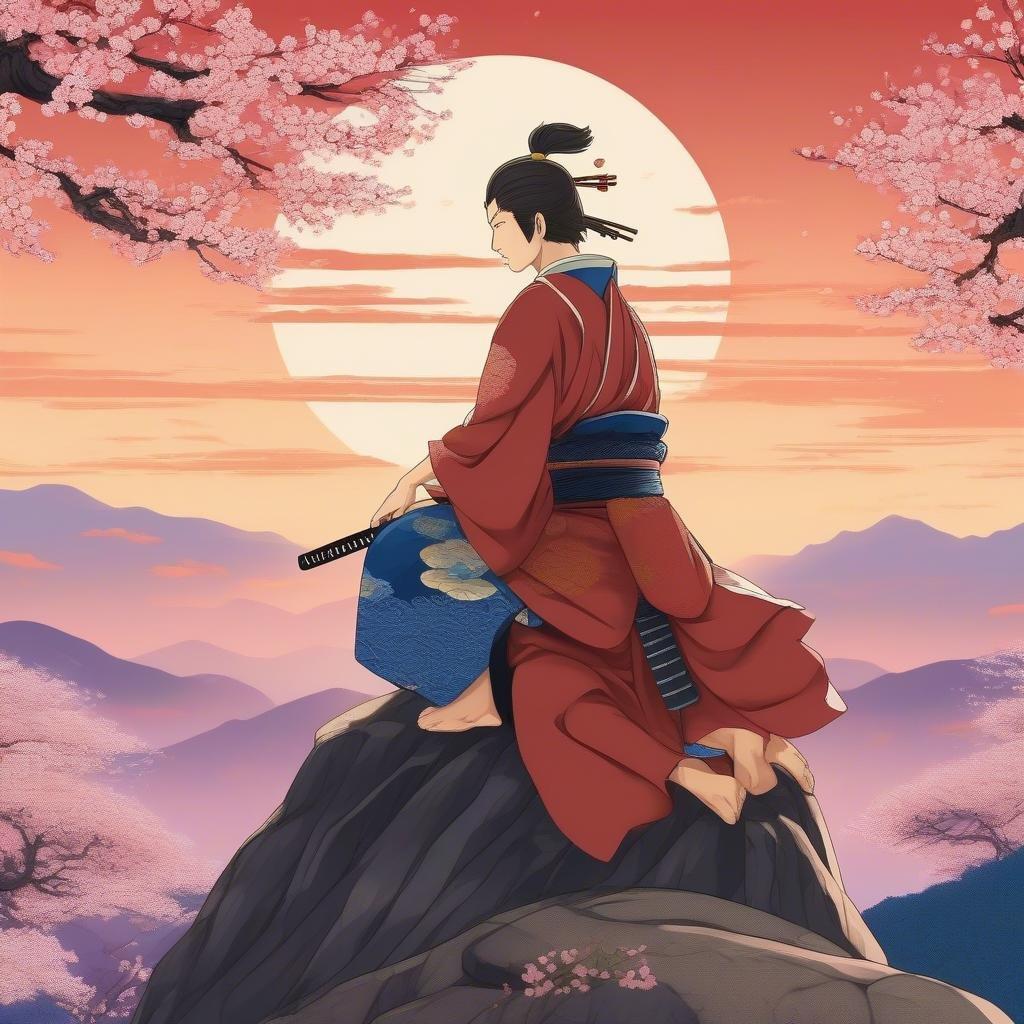 Samurai, joka istuu kivisellä ulkonemalla ja katsoo kirsikankukkia päivän päättyessä. Katsellessaan auringonlaskua hän miettii matkaansa ja luonnon kauneutta.