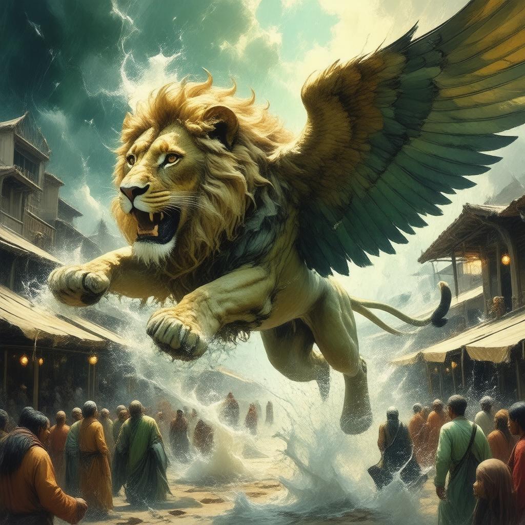 This anime-style illustration captures a serene moment of a lion soaring over a bustling marketplace. The majestic creature's spread wings and flowing mane create a sense of wonder, while the blurred background of people adds an air of mystery. The scene is set against a backdrop of greens and browns, evoking a sense of tranquility.