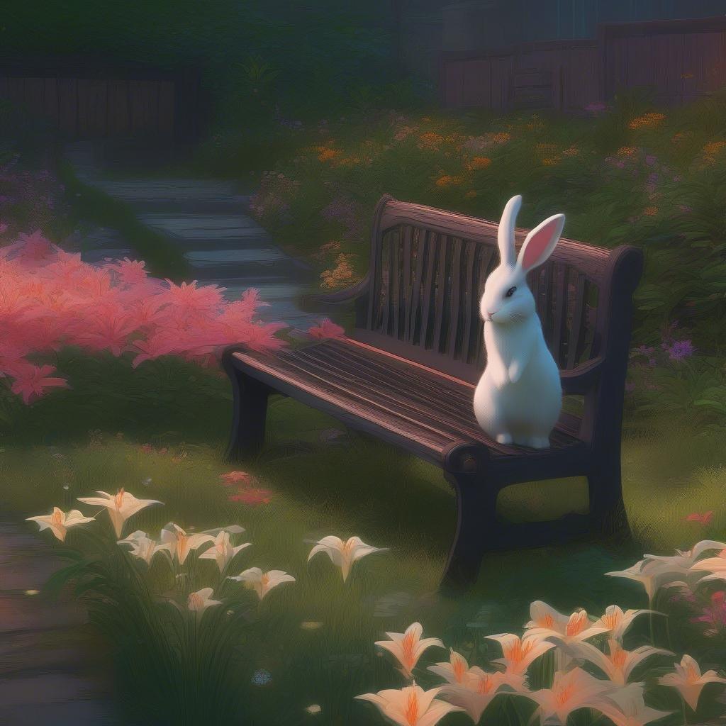 This beautiful wallpaper features an Easter bunny sitting on a bench in a serene garden, surrounded by vibrant flowers and lush greenery. The image is perfect for adding a touch of springtime charm to your desktop or mobile device.