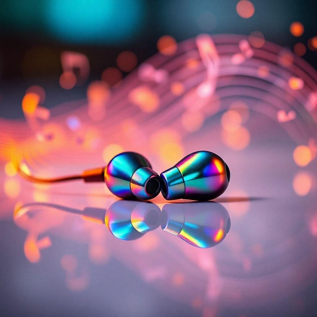 This wallpaper features a pair of earbuds with a vibrant, iridescent color scheme that adds a pop of color to any device. The earbuds are placed on a reflective surface, creating a sense of depth and dimension.