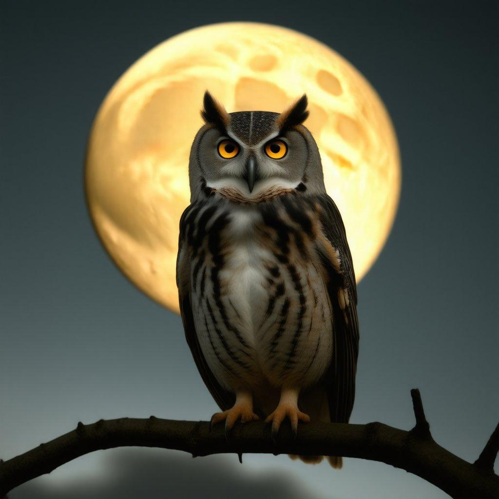 Casual title: A majestic owl perches on a branch, its bright yellow eyes glowing in the moonlight.