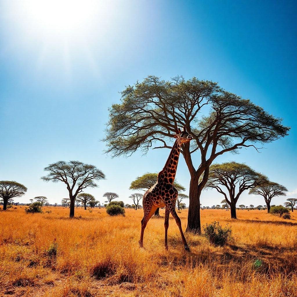 This image captures the beauty of wildlife, featuring a tall giraffe standing gracefully amidst the golden grasses on the African savannah.