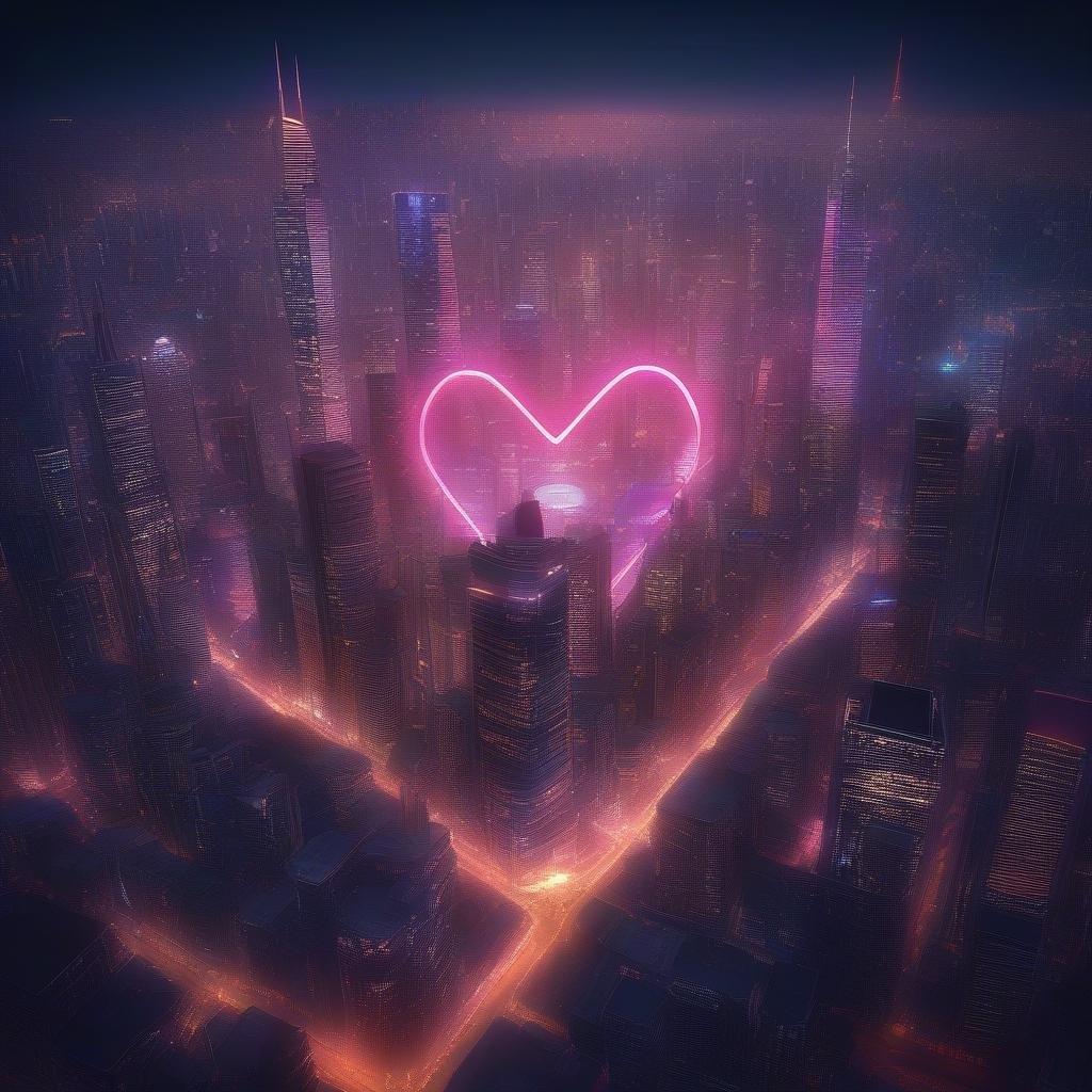 A futuristic cityscape with a heart-shaped neon light, perfect for celebrating love and relationships on Valentine's Day.