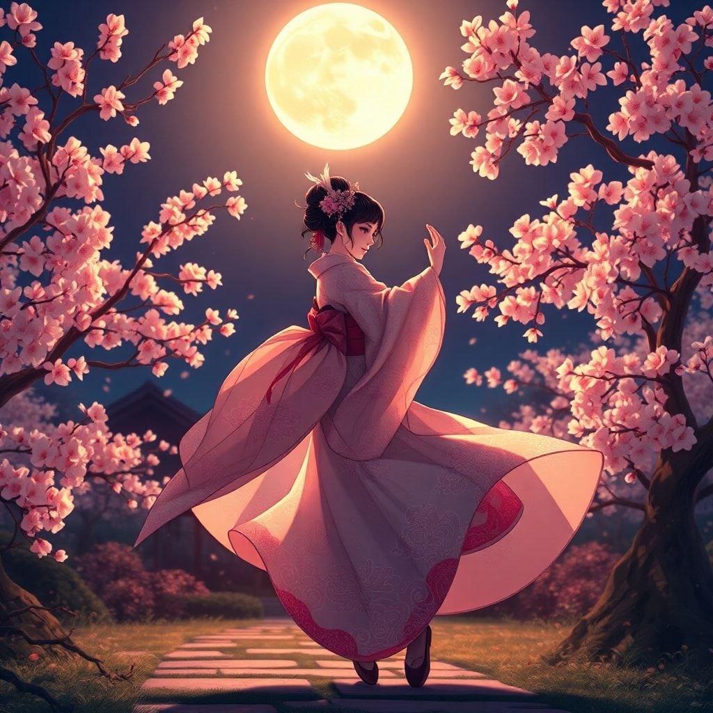 Questo incantevole sfondo anime presenta una geisha che danza in un tranquillo giardino, circondata da alberi di ciliegio in fiore e da una radiosa luna piena. L'illuminazione calda e i dettagli intricati creano una scena affascinante che ti trasporta in un mondo di bellezza e tranquillità.