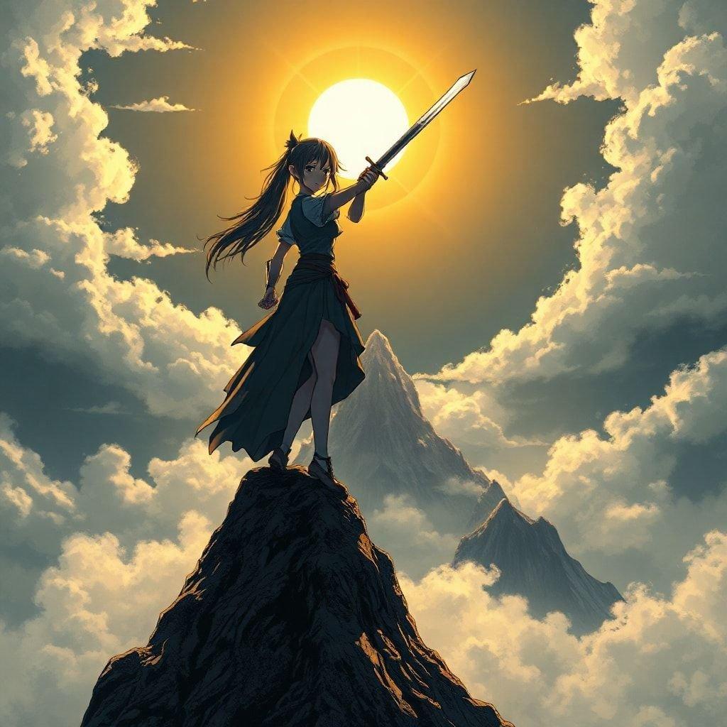 This anime wallpaper features a young woman standing on top of a mountain, her sword pointing towards the viewer. The mountain is covered in mist and clouds, with a bright light source behind her, creating an ethereal atmosphere. The illustration captures a moment of tranquility, with the figure's silhouette contrasting the dark surroundings.