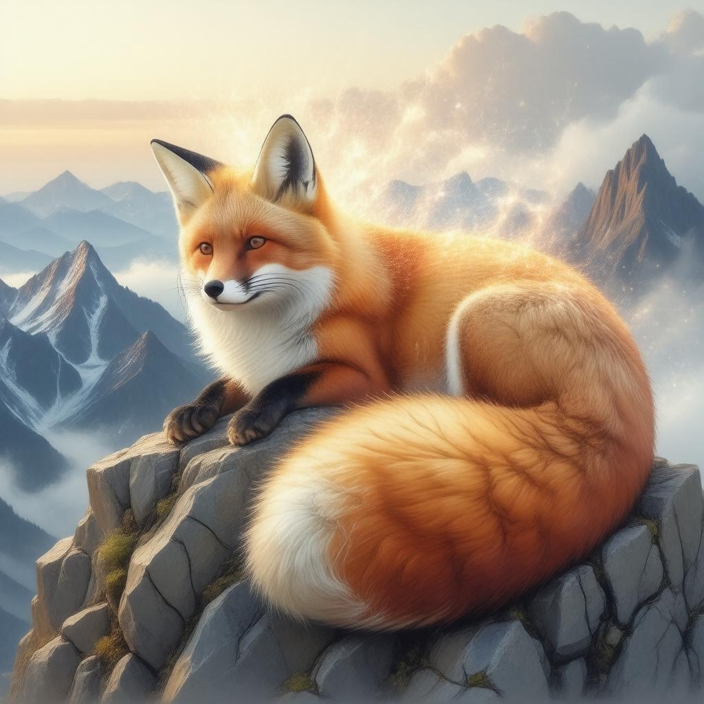 This stunning anime-inspired wallpaper features a majestic fox spirit perched on a mountain peak, exuding a mystical aura.