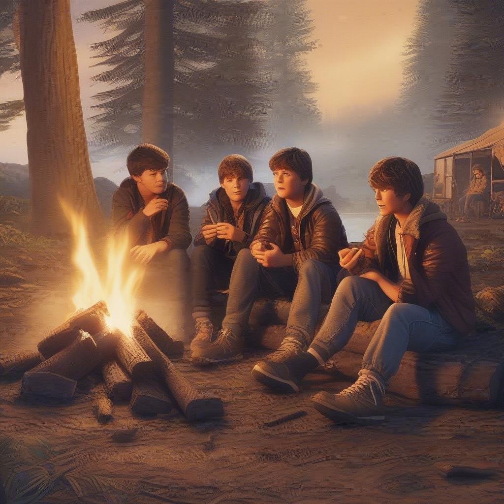 A group of friends sitting by the campfire enjoying each other's company.