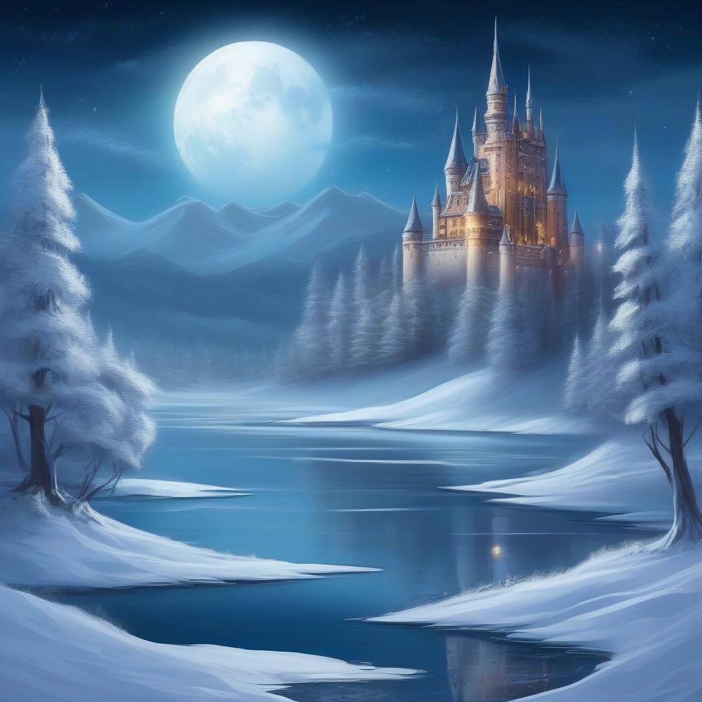 A tranquil Christmas night scene featuring a majestic castle set against the backdrop of the full moon. The snowy landscape and frozen lake create a serene winter ambiance, perfect for holiday festivities.