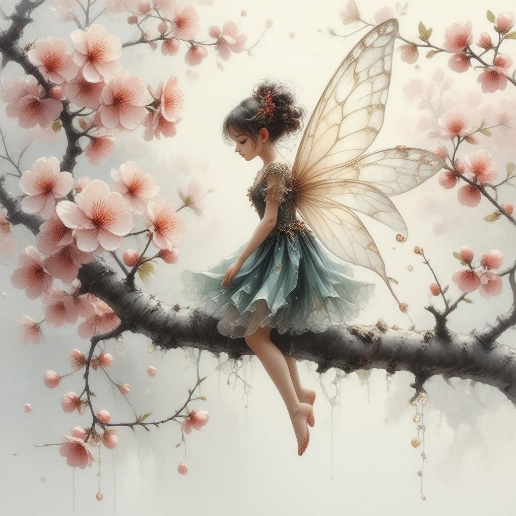 A beautiful and peaceful anime wallpaper featuring a fairy perched on the branch of a blooming sakura tree, surrounded by vibrant colors and intricate patterns.