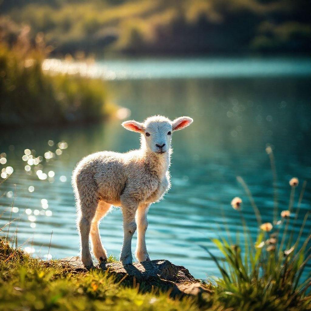 This beautiful Easter wallpaper features a cute lamb standing by a serene lake, surrounded by lush greenery. The lamb's fluffy white fur and adorable expression make it a delightful addition to any Easter-themed desktop or mobile wallpaper.