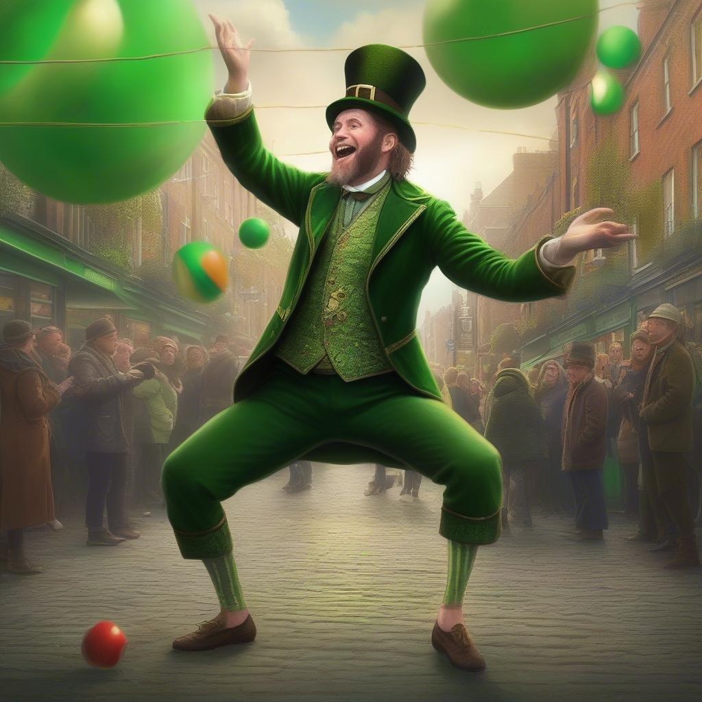 A festive celebration with green balls and beads, featuring a man in a traditional St. Patrick's Day outfit.