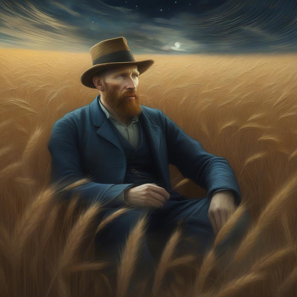 A man sits pensively in a field at sunset, his gaze lost in thought. His attire suggests an air of formality and a touch of whimsy, fitting for a figure of significance.