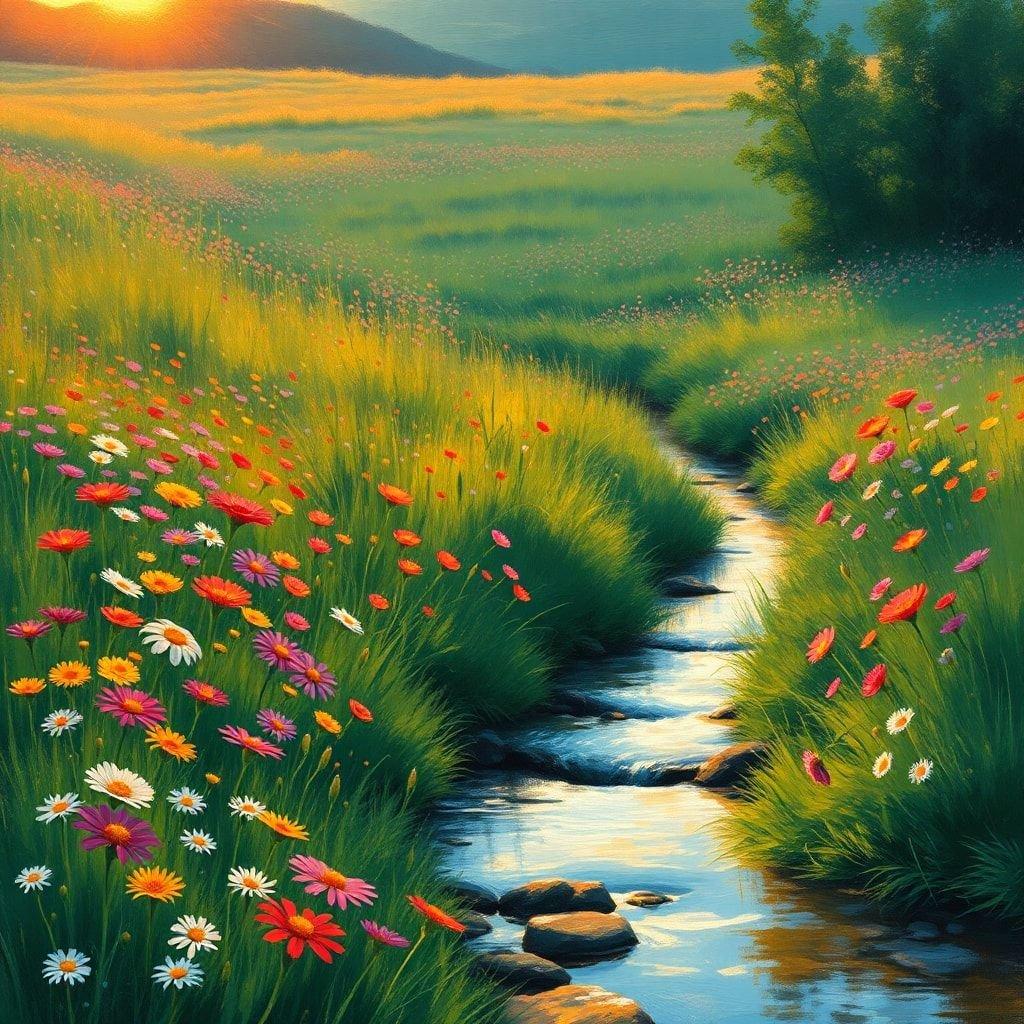 A tranquil scene of a vivid spring stream amidst a carpet of colorful wildflowers.