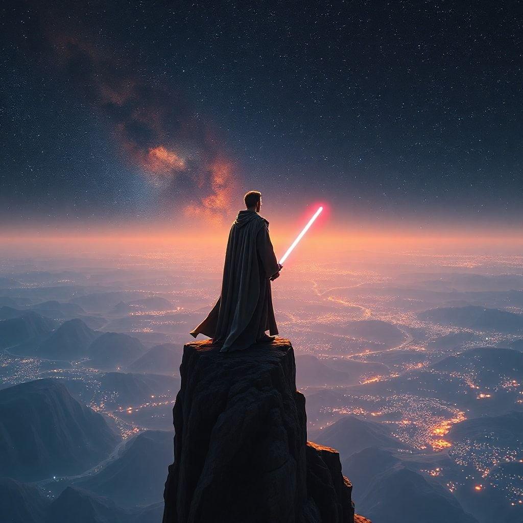 In the quiet of the night, a Jedi watches over the galaxy from atop a towering peak. The vibrant nebulae in the starry sky provide a breathtaking backdrop to this tranquil scene.