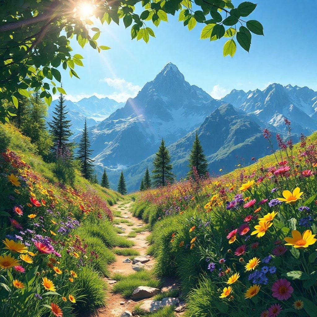 A picturesque trail through a mountainous landscape, adorned with a carpet of vibrant wildflowers.