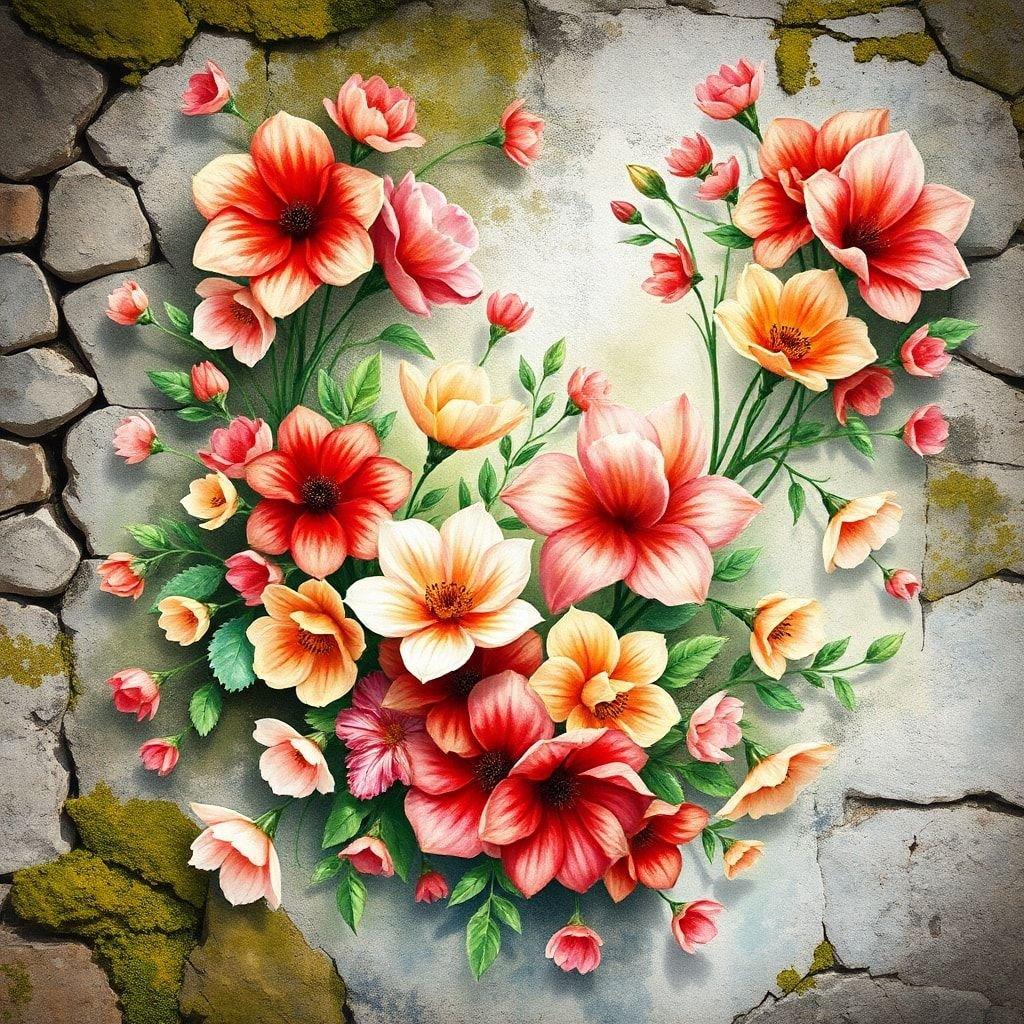 This digital wallpaper showcases an array of vibrant flowers blooming amidst the cracks of a textured brick wall, adding life and color to any desktop or mobile device.