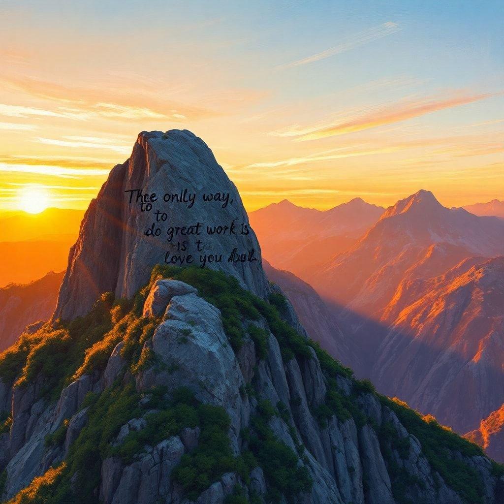 This beautiful wallpaper features a serene mountain landscape with a quote about love. The quote is written on a rock in the center of the image, and it reads, 'The only way to do great work is to love what you do.' The background of the image is a stunning sunset, with shades of orange and pink. The overall effect is one of peace and tranquility, making this wallpaper perfect for anyone who loves nature and inspirational quotes.