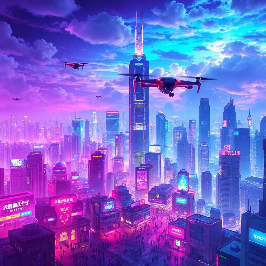 Immerse yourself in the vibrant world of anime with this captivating futuristic cityscape wallpaper. The neon-lit skyline and bustling metropolis create a dynamic atmosphere, perfect for desktop and mobile use.