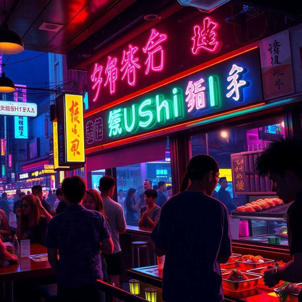 A lively food stall bathed in neon lights, surrounded by people enjoying the nightlife. The atmosphere is as vibrant as the colorful street signs in this busy locale.